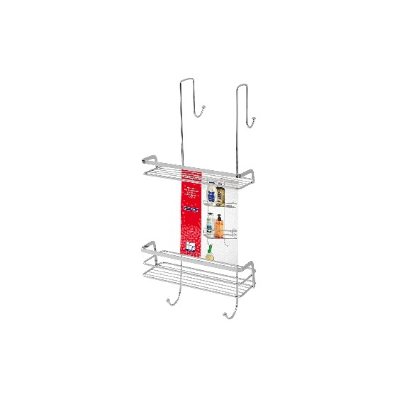 MENSOLA RETTANGOLARE 2 RIPIANI  CON GANCIO DOCCIA - Cromo-Lucido